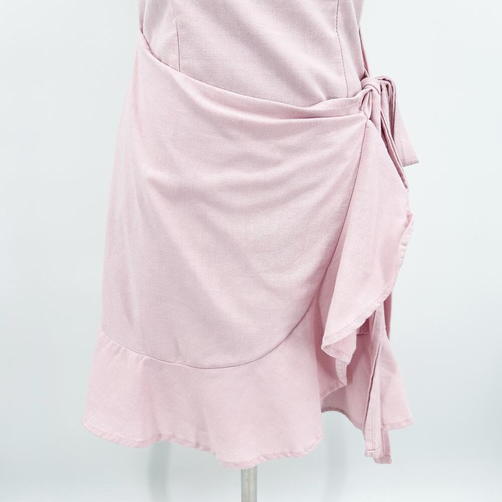 Princess Polly Cottage Hill Wrap Mini Dress Blush Pink Square Neck Linen Blend 4 - Picture 6 of 12